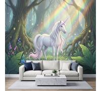 Photo Wallpaper Living Room Fantasy Forest Animals Wallpaper Mural | White Unicorn Green Leaves Wall Mural 200 x 140 cm Non-Woven Premium Decoration Poster Picture for Bedroom TV Backdrop