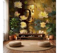 Photo Wallpaper Lotus Pond Lotus Flower Buddha Statue Art 400×280 CM | Silk Print Wall Mural Decoration Poster Home DIY Decoration Buddha Head Reflection Art for Living Room Bedroom Yoga Studios
