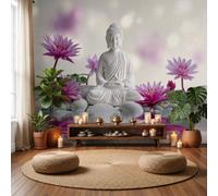 Photo Wallpaper Lotus Pond Reflection Buddha Statue Art 300×210 CM | Print Wall Mural Decoration Poster Home DIY Decoration White Buddha Lotus Water Surface Art for Living Room Bedroom Yoga Studios