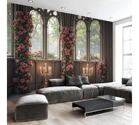 Photo Wallpaper Luxury Gothic 3D Window 400 X 280 Cm 3D Wall Mural Non-Woven Arches and Rose Vines Wall Mural Photo Wallpaper Decoration Poster for Living Room Kids Bedroom, Light Brown