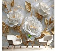 Photo Wallpaper Luxury Marble, 150x105cm Wall Mural 3D White Rose Gold Leaf Relief Poster Picture Design Artwork Background Wall Decoration for Living Room Bedroom TV Backdrop, Golden Yellow