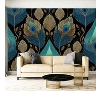 Photo Wallpaper Luxury Peacock Feathers Patterns Pattern Non-Woven Wall Mural for Living Room Bedroom, Blue, 158" x 110"/400 x 280 cm(WxH)