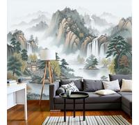 Photo Wallpaper Magnificent Mountain Water Scenery 350 X 256 Cm 3D Wall Mural Non-Woven Traditional Eastern Landscape Wall Mural Photo Wallpaper Decoration Poster for Living Room Kids Bedroom, Green