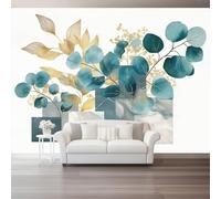 Photo Wallpaper Marble Plants 300 x 210 cm - Abstract Style Wall Mural Non-Woven Murals Wall Art Fleece Blue-Green Print Home Decoration Design for Living Room