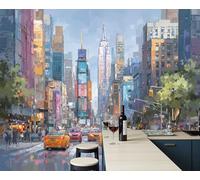 Photo Wallpaper Multicolored 400x280cm, Traffic Flow Skyscrapers Silk Wall Mural Decoration, New York Street Scene Oil Painting Poster Picture Wallpaper Mural for Living Room Kitchen Bedroom