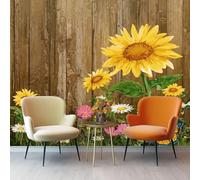 Photo Wallpaper Mural 150 x 105 cm (W x H) - Farmhouse Flowers Wooden Fence Non-Woven Art Print Murals, Light Brown Interior Decor Wallpaper for Bedroom Living Room TV Backdrop Home