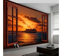 Photo Wallpaper Mural 200 x 140 cm Sunset View Outside The Window Frame, Non-Woven Orange Color Art Mural, Photo Decor for Living Room Bedroom Office and Kids' Room - Easy to Install