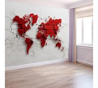 Photo Wallpaper Mural 250 x 175 cm 3D Brick Wall World Map, Non-Woven Light Color Art Mural, Photo Decor for Living Room Bedroom Office and Kids' Room - Easy to Install