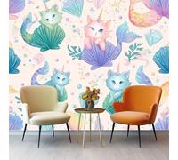 Photo Wallpaper Mural 300 x 210 cm (W x H) - Cartoon Mermaid Cat Non-Woven Art Print Murals, Pink Interior Decor Wallpaper for Bedroom Living Room TV Backdrop Home