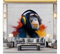 Photo Wallpaper Mural 350 x 256 cm Graffiti Brick Wall Monkey, Non-Woven Grey Art Mural, Photo Decor for Living Room Bedroom Office and Kids' Room - Easy to Install