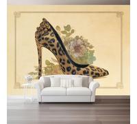 Photo Wallpaper Mural Elegant Retro Leopard Print High Heels Non-Woven Art Print Murals, Indoor Wall Painting for Living Room Tv Backdrop Kids Room Decor, 138" x 101"/350 x 256 cm(WxH), Beige Plants