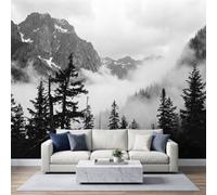 Photo Wallpaper Mural Monochrome Misty Pine Forest Mountains Non-Woven | Poster Murals 250x175 cm Modern Wall Art for Living Room, Bedroom, Home Office Decor