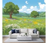Photo Wallpaper Mural Summer Green Meadow Scenery Non-Woven Wallpaper | Floral Daisies Poster Murals 200x140 cm Modern Wall Art for Living Room, Bedroom, Home Office Decor