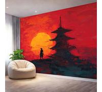 Photo Wallpaper Murals Abstract Japanese Art Samurai Non-Woven Wallpaper, Orange-Red Wall Paper Roll for Living Room Bedroom Adults Teenager Feature Wall Home Decoration, 138" x 101"/350 x 256 cm(WxH)