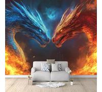 Photo Wallpaper Murals Fantasy Dragons Flames Non-Woven Wallpaper, Blue Red Wall Paper Roll for Living Room Bedroom Adults Teenager Feature Wall Home Decoration, 138" x 101"/350 x 256 cm(WxH)