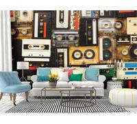 Photo Wallpaper Music Theme 3D Effect Vintage Cassette Tapes Wall Mural Decoration Poster Picture Modern Design 350x256 cm Murals Wall Art for Living Room Bedroom Kitchen a-3725