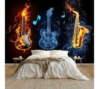 Photo Wallpaper Musical Note Flame Musical Instrument Pattern Non-Woven Art Print Wall Mural 350x256 cm Decoration Poster Picture Design Modern Living Room Kitchen Bedroom Wall Mural, Black