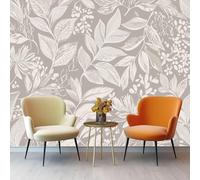Photo Wallpaper Natural Plants Flowers Floral Lines Decor Wall Mural, for Living Room Children's Bedroom 250 x 175 cm Non-Woven Premium Photo Wallpapers Grey Indoor Home Background