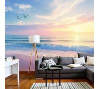 Photo wallpaper Natural sea waves photo wallpaper, seagulls sunset beach landscape 3D effect wallpaper, pink wallpaper for living room bedroom non-woven wallpaper wall covering, 250cm x 175cm