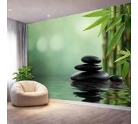 Photo Wallpaper Nature Bamboo Branches Pebbles Water Surface Wall Murals Wallpaper, Green Decor Wall Mural for Living Room Bedroom Children's Room Home Decoration, 350 x 256 cm