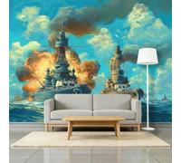 Photo Wallpaper Naval Battle Exploding Warship 250 x 175 cm Non-Woven Art Wall Mural, Surrealism Mural Modern Decoration Wallpaper Poster for Sofa Hotel TV Background Office