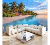 Photo Wallpaper Navy Blue 350 x 256 cm, Beautiful Beach Island Plants Non-Woven Decoration Print Wall Mural Living Room - for Bathroom Office Home Decorations