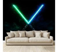 Photo Wallpaper Neon Green Blue Lightsaber Cross Non-Woven Art Print Wall Mural Decoration Poster Picture Design Modern 3D Effect, for Cafe Restaurant Theme Hotel 350 (W) x 256 (H) cm