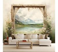 Photo Wallpaper Non-Woven 250x175 cm Window Scenery Flower Forest River 3D Effects Matte Poster Wall Paper Covering Mural Decoration Home Decor Suitable for Living Room Bedroom Children's Room Office