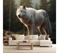 Photo Wallpaper Non-Woven 250x175 cm Wolf Animal Forest Moon Flowers 3D Effects Matte Poster Wall Paper Covering Mural Decoration Home Decor Suitable for Living Room Bedroom Children's Room Office