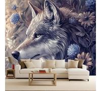Photo Wallpaper Non-Woven 350x256 cm Wolf Animal Forest Moon Flowers 3D Effects Matte Poster Wall Paper Covering Mural Decoration Home Decor Suitable for Living Room Bedroom Children's Room Office