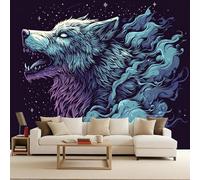 Photo Wallpaper Non-Woven 400x280 cm Wolf Animal Forest Moon Flowers 3D Effects Matte Poster Wall Paper Covering Mural Decoration Home Decor Suitable for Living Room Bedroom Children's Room Office