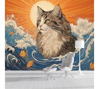 Photo Wallpaper Ocean Waves Long-Haired Cat Elements 200 × 140 Cm - Wall Mural Deco Art Print Wallpaper For Living Room - Home Decoration Bedroom Kitchen Wall Paper - Ukiyo-E Style-Golden Yellow