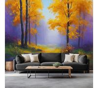 Photo Wallpaper Oil Painting Forest Path Golden Trees Murals 300 x 210 cm Non-Woven Wallpaper, Gold Poster Wall Mural Decoration for Bedroom Living Room and kidsroom Art Mural