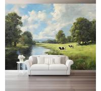 Photo Wallpaper Oil Painting Nature Grassland - Green Wall Murals for Living Room Bedroom Bathroom Children's Room Decor 200 x 140 cm (W x H), Non-Woven Kids' Photo Mural Wall Art for Hallway