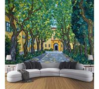 Photo Wallpaper Oil Paintings Of Ancient Buildings 3D Effect Panoramic Mural Tree-Lined Streets Wall Paper for Bedroom, Living Room, Restaurant, Cafe Fireplace Wall Decoration, 400x280cm Green