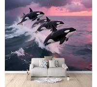 Photo Wallpaper Orca Wall Mural 3D 150 × 105 cm (W x H) Nature Theme, Black and White Orcas Wall Mural for Bedroom, Non-Woven Wallpaper Living Room Sofa TV Background Decoration Murals