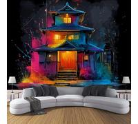 Photo Wallpaper Oriental Architecture 3D Effect Panoramic Mural Black Light Japanese Pavilion Wall Paper for Bedroom, Living Room, Restaurant, Cafe Fireplace Wall Decoration, 250x175cm Multicolor