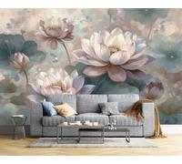 Photo Wallpaper Oriental Classical Floral, 300x210cm silk Premium Art Print Mural Pink Green Wall Mural Decoration Poster Picture for Living Room Bedroom Decoration, Ink Painting Water Lily Lotus Leaf
