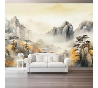 Photo Wallpaper Oriental Traditional Landscape Plants Non-Woven Premium Art Print Fleece Wall Mural Decoration Poster Picture Design 250 x 175 cm Murals for Living Room Kids Bedroom, Gray Yellow