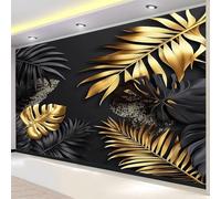 Photo Wallpaper Palm Leaf Monstera 3D Effect Gold Black Leaf Wall Mural Decoration Poster Picture Modern Design 300x210 cm Murals Wall Art for Living Room Bedroom Kitchen a-3436