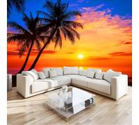 Photo Wallpaper Panoramic Custom Mural 300 x 210 cm Exotic Landscape Sunset Palm Trees 3D Effect Photo Wallpaper Mural Wall Poster Decor for Living Room Bedroom Office and Kids Room, Orange Color