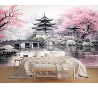 Photo Wallpaper Pavilion and Flowing Water 130x80cm,Chinese Style Silk Cloth Decor Wallpaper for Living Room Bedroom Kids Room Nursery