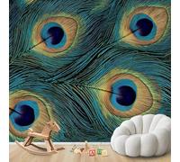 Photo Wallpaper Peacock Feather Pattern Gold Turquoise Blue Feathers Non-Woven Modern Living Room Bedroom Children's Room Wall Decoration Motif,300cmx210cm Stickers - Frameless Painting - Poster