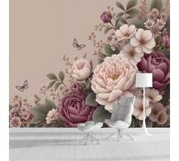 Photo Wallpaper Peony Butterfly Elements 200 × 140 Cm - Wall Mural Deco Non-Woven Art Print Wallpaper For Living Room - Home Decoration Bedroom Kitchen Wall Paper - Nature Pastoral Style-Purple