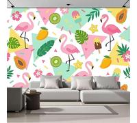 Photo Wallpaper Pink Flamingo Pattern 250 × 175 Cm - Wall Mural Deco Non-Woven Art Print Wallpaper For Living Room - Home Decoration Bedroom Kitchen Wall Paper - Tropical Fruits-Emerald Green
