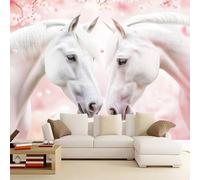 Photo Wallpaper Pink Flowers White Horse 300x210 cm 3D Non-Woven Wall Mural, Moderne Living Room Bedroom Large Poster Wallpaper, Home Decor Art Mural