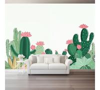 Photo Wallpaper Plants Hand Drawn Cactus Flowers Non-Woven Premium Art Print Fleece Wall Mural Decoration Poster Picture Design 200 x 140 cm Murals for Living Room Kids Bedroom, Green