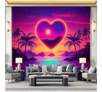 Photo Wallpaper Purple Heart Wall Decor Premium Non-Woven 3D Print, 450 x 280 cm (W x H), Sunset Water Island Palm Trees Wall Mural Kids Bedroom & Home Decoration