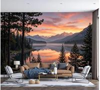 Photo Wallpaper Realistic Landscape 400x280cm 3D Effect Wall Mural Sunset Over Lakes Mountains Silk Art Print Decoration Poster Picture Design for Living Room, Bedroom Office Wall Decor, Orange