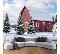 Photo Wallpaper Red Barn 200×150 Cm 3D Printing Wall Mural Decoration Poster Picture Design Winter Pine Trees Living Room Kitchen Bedroom Wall Mural, Mixed Colors